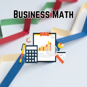 Upward-trending charts, a calculator, and mathematical symbols representing business math concepts for online tutoring.