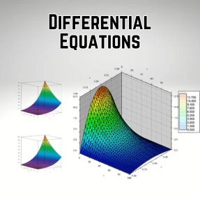 Colorful 3D surface plots and mathematical graphs explaining differential equations for advanced online math courses.